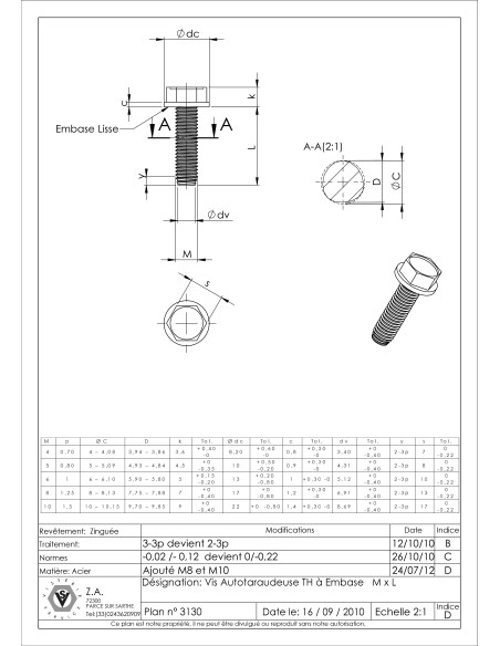 1 x Vis autotaraudeuse Tête hexagonale TH Embase collerette Lisse M10X40 Acier zingué