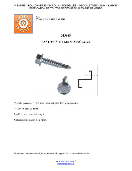 1 x FASTOVIS Tête hexagonale TH 4.8X19 Acier zingué