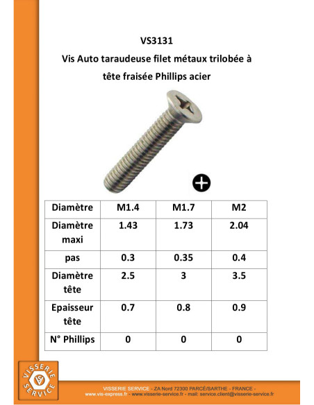 1 x Vis autotaraudeuse Filet Métaux Tête fraisée Phillips Acier zingué 1.7X6 microvis