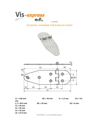 1 x Charnière Type B 6 trous Inox A2 130X40