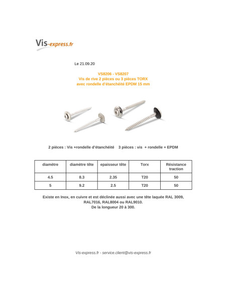 1 x Vis faitage Tête fraisée bombée TFB TORX T20 Inox A2 cuivre 4.5X70 Rondelle d'étanchéite EPDM 3P