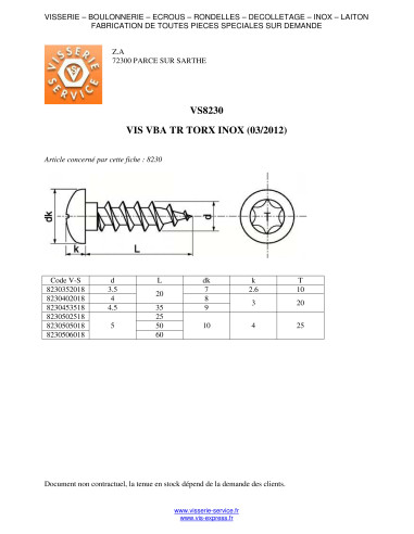 1 x VBA Vis bois agglo Inox A2 Tête ronde TR...