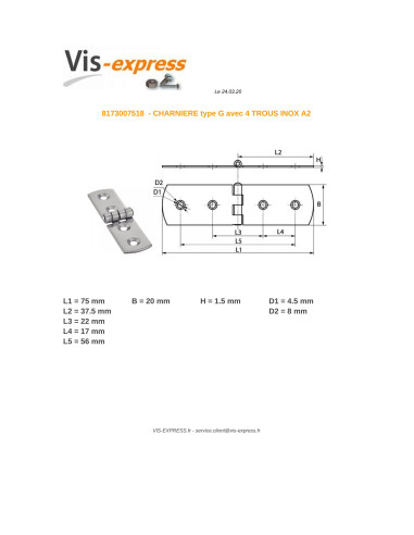 1 x Charnière Type G 4 trous Inox A2 75X20