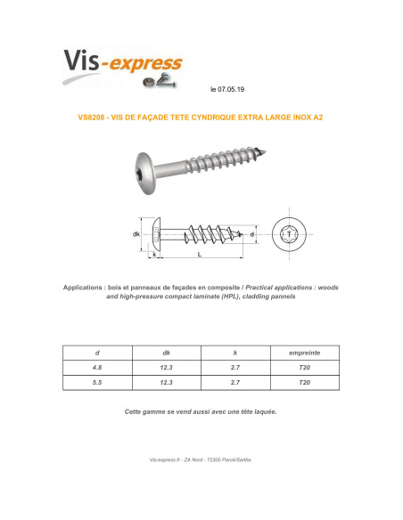 1 x Vis de facade TORX T20 4.8X60 Diamètre de tête: 12.3 Inox A2
