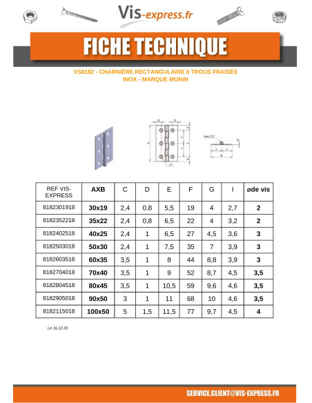 1 x Charnière Rectangulaire 60X35 Inox