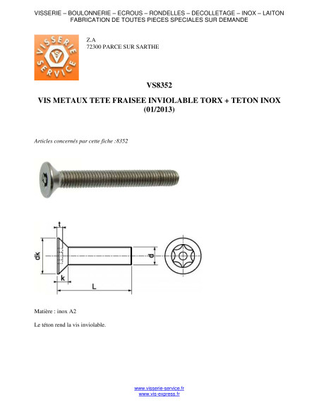 1 x Vis métaux Inox A2 Inviolable Tête fraisée TORX T25 avec téton M5X25
