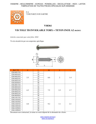 1 x Vis tôle Inviolable Inox A2 Tête...