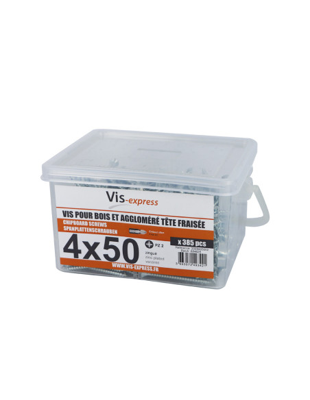 1 x Seau de 385 Vis bois agglo 4X50 Tête fraisée Pozi N°2 Acier zingué