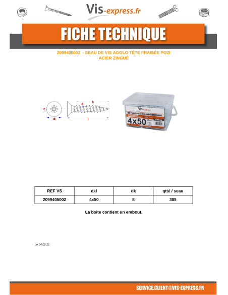 1 x Seau de 385 Vis bois agglo 4X50 Tête fraisée Pozi N°2 Acier zingué