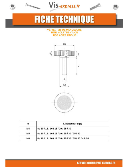 1 x Vis métaux Tête Moletée nylon noir Tige Acier zingué M4X16