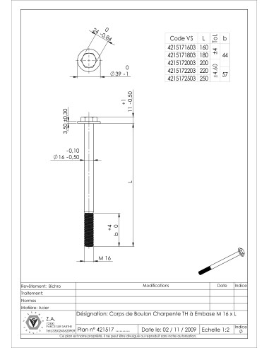 1 x Corps de boulon filetage partiel Charpente...