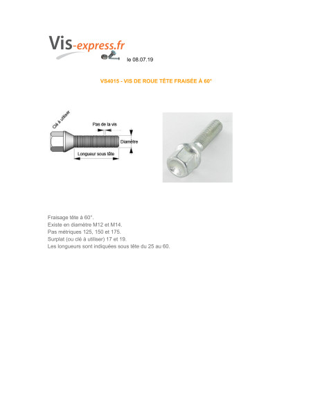 1 x Vis ROUE M14X48 Pas de 125 S/PL17 Classe 10.9 Acier zingué