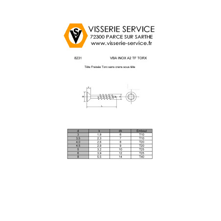 1 x VBA Vis bois agglo Inox A2 Tête fraisée 8X150 Filetée sur 80 TORX T40