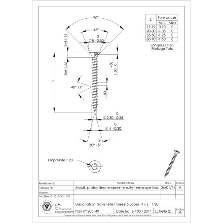 1 x VBA Vis bois agglo Tête fraisée TORX T20 4X40 Acier zingué