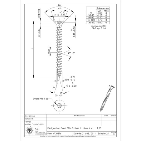 1 x VBA Vis bois agglo Tête fraisée TORX T25 6X160 Filetée sur 70 Acier zingué