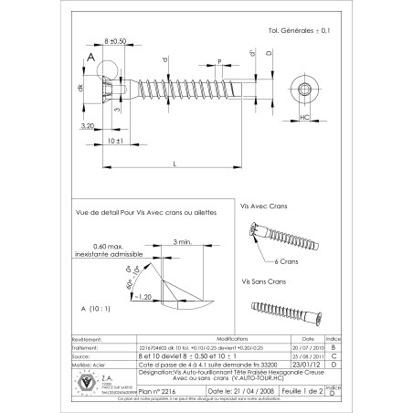1 x Vis d'assemblage confirmat Tête fraisée Hexagonal creux 7X50 Filet tôle SS Cranté Acier zingué