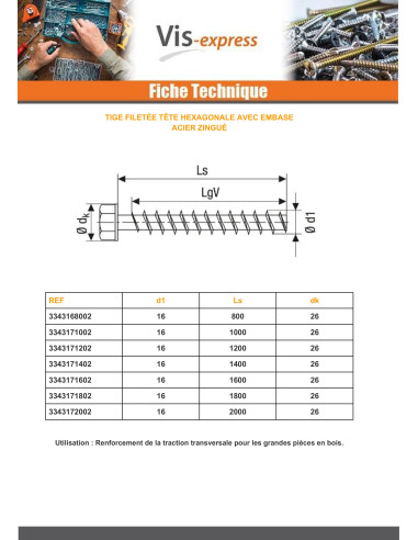 1 x Tige filetée Tête hexagonale TH 16X1000...