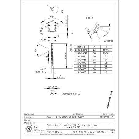 1 x Vis Médium Tête fraisée Cranté TORX T20 4X40 Filetée sur 28 Acier zingué