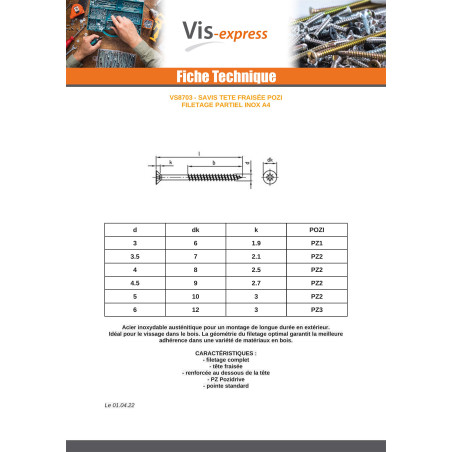 1 x VBA Vis bois agglo Tête fraisée Pozi N°2 4.5X65 Filetage partiel Inox A4