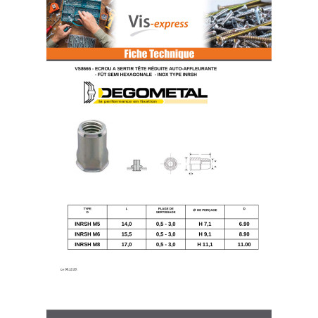 1 x Ecrou Tête réduite SEMI Hexagonal M6X15.5 INRSH IN