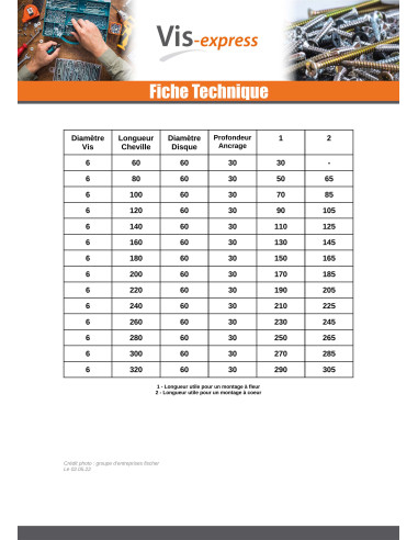 1 x Cheville et Vis Fischer ISOLANT 6H-NT 6X60