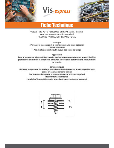 1 x Vis autoperceuse Bimétal Tête hexagonale TH...