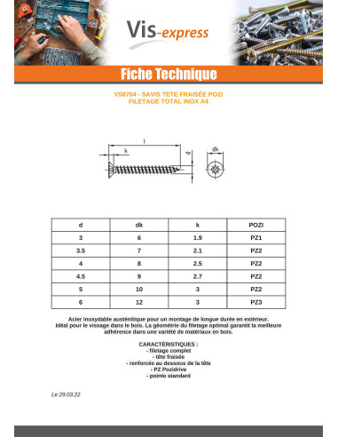 1 x VBA Vis bois agglo Tête fraisée Pozi N°1...