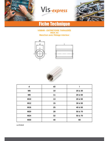 1 x Manchon Cylindrique Taraudé M16X50 Inox A4