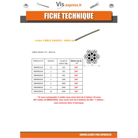 1 x Mètre de Câble souple Diamètre 8 Inox A4 7X7 Charge de rupture 3300 kg (vendu au m)
