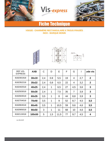 1 x Charnière Rectangulaire 70X40 Inox