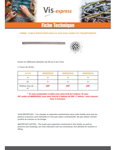 1 x Mètre de Câble monotoron Diamètre 3 Inox A4...