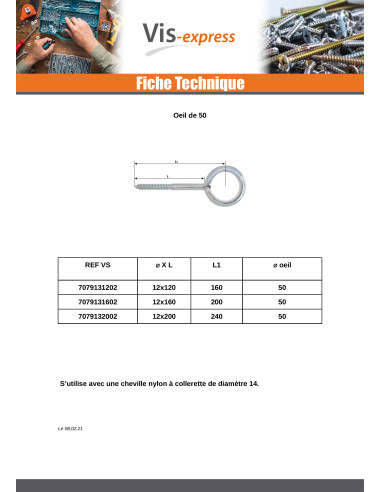 1 x Oeillet Echafaudage 12X200 Oeil 50 Acier...