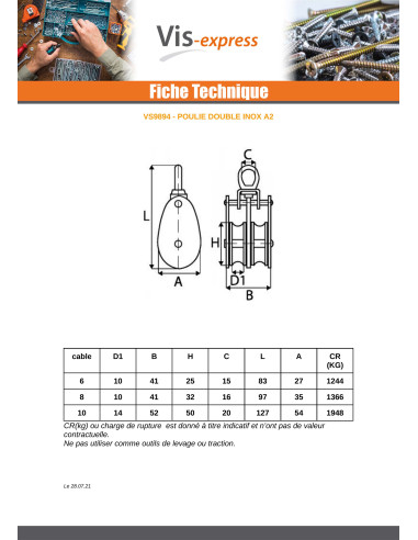 1 x POULIE Double De 25 Inox A2 Pour Câble De 6