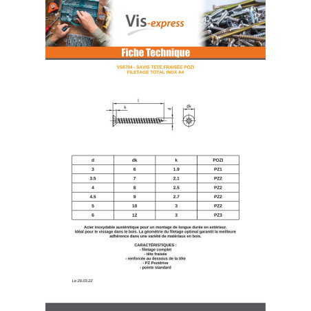 1 x VBA Vis bois agglo Tête fraisée Pozi N°1 3X20 Filetage total Inox A4 microvis
