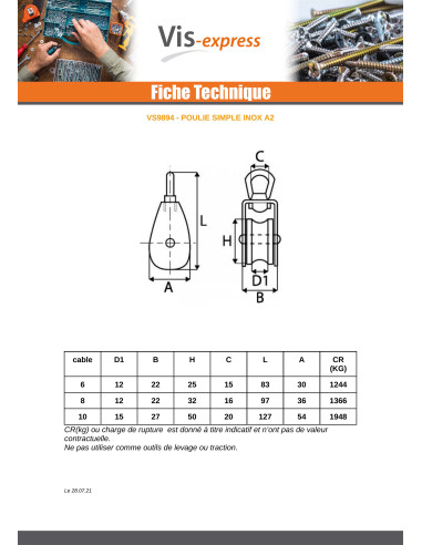 1 x POULIE SIMPLE De 25 Inox A2 Pour Câble De 6