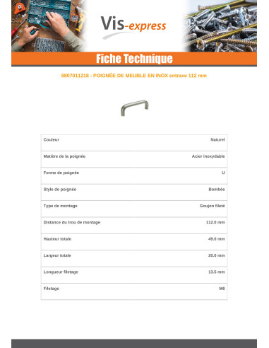 1 x Poignée de meuble Inox A2 Longueur 112