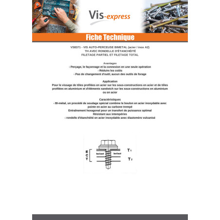 1 x Vis autoperceuse Bimétal Tête hexagonale TH 6X140 Filetée sur 45 Rondelle d'étanchéite EPDM 16 Epaisseur tole 2
