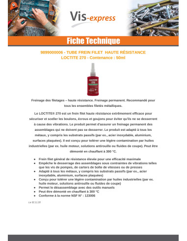 1 x Frein filet Haute resistance 50ML LOCTITE 270