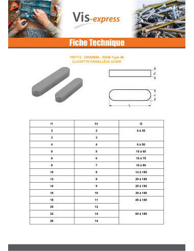 1 x Clavette parallèle Acier brut 10X8 Longueur 70