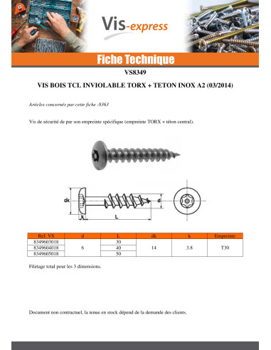 1 x Vis Penture Inviolable TORX T30 avec téton...