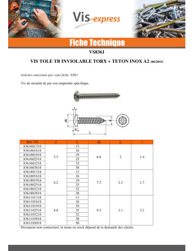 1 x Vis tôle Inviolable Inox A2 Tête...