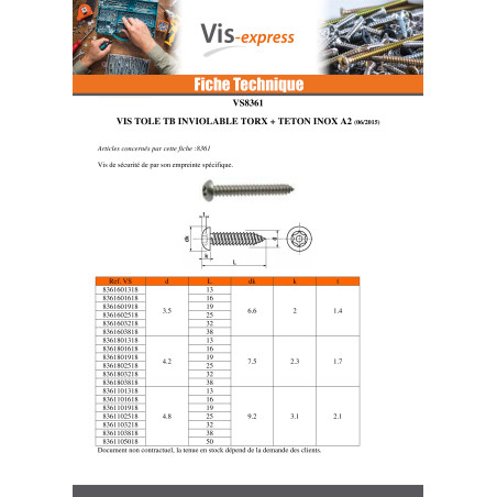 1 x Vis tôle Inviolable Inox A2 Tête cylindrique TC TORX T25 avec téton 4.8X32