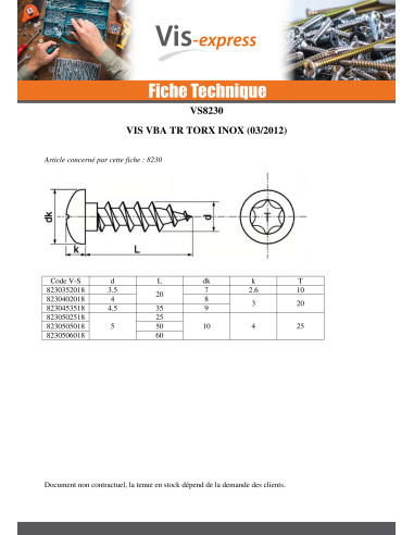 1 x VBA Vis bois agglo Inox A2 Tête ronde TR...