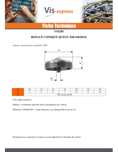 1 x Rosace Conique Laiton 30 Queue M3 Pas de 60