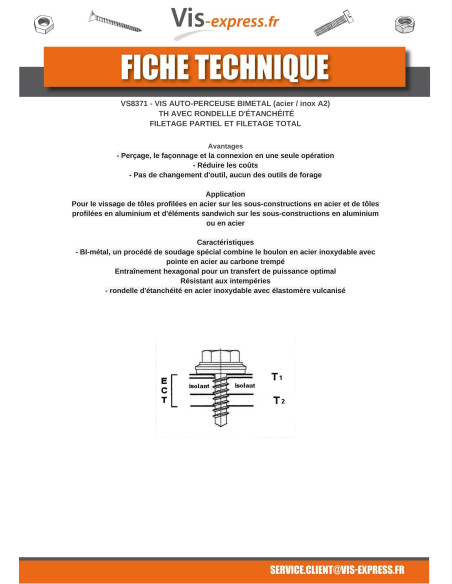 1 x Vis autoperceuse Bimétal Tête hexagonale TH 5.5X40 Filetage total Rondelle d'étanchéite EPDM 16 Epaisseur tole 12