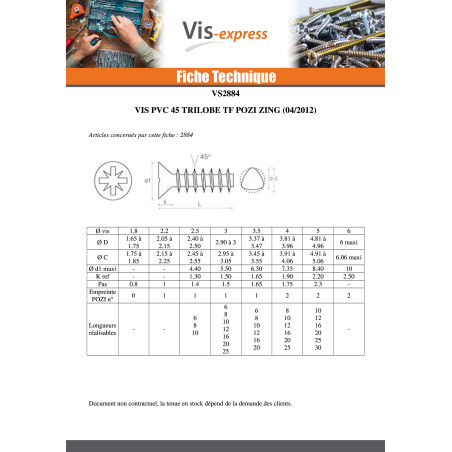 1 x Vis pvc TRILOBE Tête fraisée Pozi 3X8 FILET45 Acier zingué microvis