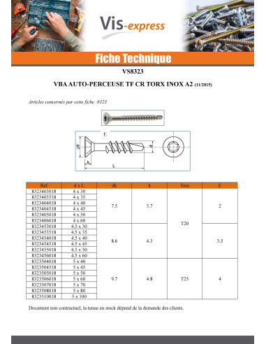1 x VBA Vis bois agglo Vis autoperceuse Tête...