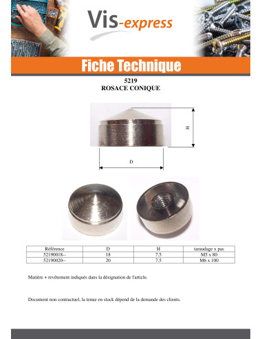 1 x Rosace Conique Laiton 20 Taraudage borgne M6
