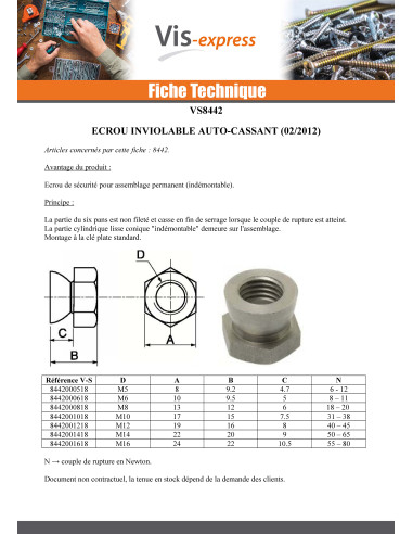 1 x Ecrou Inviolable Auto-cassant Inox A2 M10