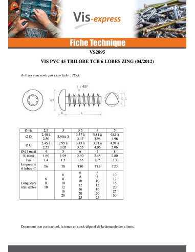1 x Vis pvc TRILOBE Tête cylindrique bombée TCB...